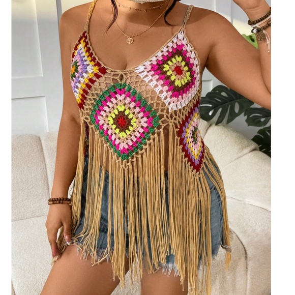 Tops - Plus Multicolor Floral Semi Sheer Crochet Fringe Hem Tank Top